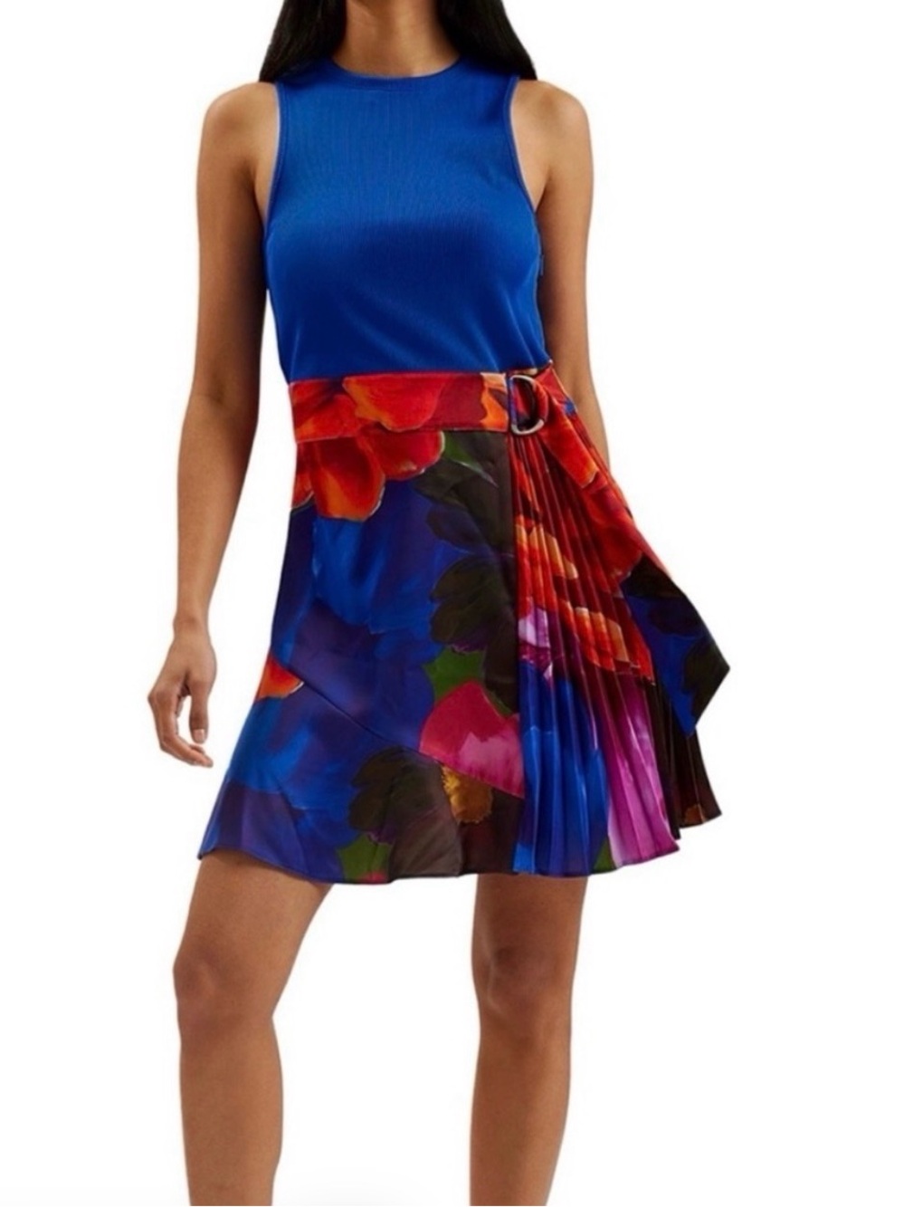 Ted Baker London Blue Floral Pleated Skater Skirt with Red Accents US size 2